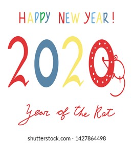 Vector calligraphy 2020 Happy New Year, Year of the rat. Hand-drawn numbers for holiday calendars, cards and more. Multicolored Text design, lettering. Isolated on white background