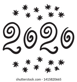 Vector calligraphy 2020 New Year. Snowflakes. Hand-drawn numbers for holiday calendars, cards and more. Text design, lettering. Isolated on white background