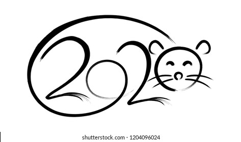 Vector calligraphy 2020 year of the rat sign lettering numbers calendar front page template greeting card design