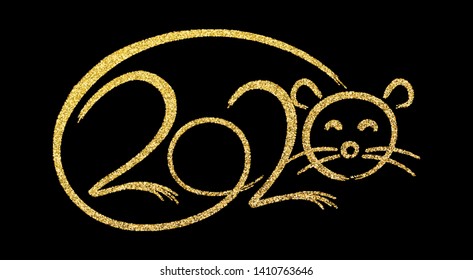 Vector calligraphy 2020 year of the rat sign lettering numbers calendar front page template greeting card design with golden glitter sparkles.