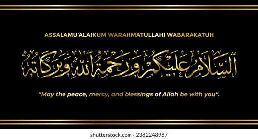 vector calligraphy arabic assalamu'alaikum. calligraphy islamic black and gold. translation : may the peace, mercy, and blessings of Allah be with you.