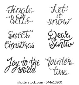 Vector calligraphy with Christmas and New year decorative elements, set of holiday phrase. Hand brush lettering, vintage typography card. 