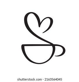 Café de caligrafía vectorial o taza de té con vapor de corazón. Ilustración caligráfica en blanco y negro. diseño con dibujos a mano para logotipo, café icono, menú, material textil.