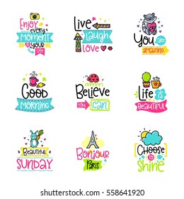 Vector calligraphy with decor elements. Hand drawn lettering collection. Funny color posters. Design for t-shirt and prints.