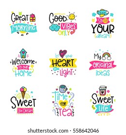 Vector calligraphy with decor elements. Hand drawn lettering collection. Funny color posters. Design for t-shirt and prints.