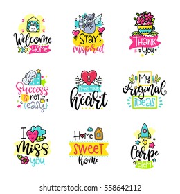 Vector calligraphy with decor elements. Hand drawn lettering collection. Funny color posters. Design for t-shirt and prints.