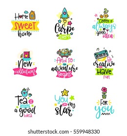 Vector calligraphy with decor elements. Hand drawn lettering collection. Funny color posters. Design for t-shirt, prints and cards.