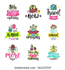 Vector calligraphy with decor elements. Hand drawn lettering collection. Funny color posters. Design for t-shirt and prints.