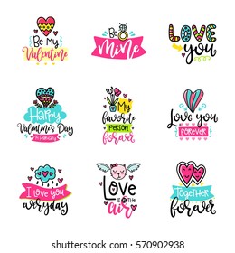 Vector calligraphy with decor elements. Hand drawn lettering collection. Funny color posters. Design for t-shirt and prints. Romantic text, Valentine's day theme.