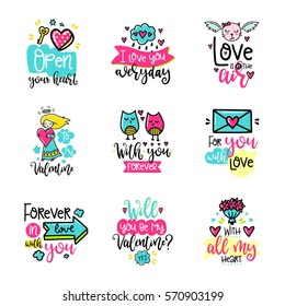 Vector calligraphy with decor elements. Hand drawn lettering collection. Funny color posters. Design for t-shirt and prints. Romantic text, Valentine's day theme.