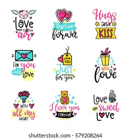 Vector calligraphy with decor elements. Hand drawn lettering collection. Funny color posters. Design for t-shirt and prints. Romantic text, Valentine's day theme.