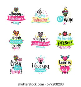 Vector calligraphy with decor elements. Hand drawn lettering collection. Funny color posters. Design for t-shirt and prints. Romantic text, Valentine's day theme.