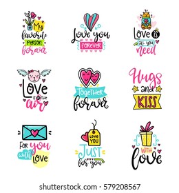 Vector calligraphy with decor elements. Hand drawn lettering collection. Funny color posters. Design for t-shirt and prints. Romantic text, Valentine's day theme.