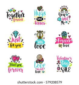 Vector calligraphy with decor elements. Hand drawn lettering collection. Funny color posters. Design for t-shirt and prints. Romantic text, Valentine's day theme.