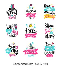 Vector calligraphy with decor elements. Hand drawn lettering collection. Funny color posters. Design for t-shirt and prints.