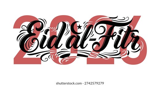 Vector calligraphy for Eid al-Fitr 2024, Islamic holiday celebration, ornate arabic text with decorative elements.