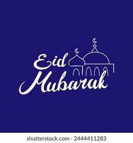 Vector calligraphy Eid Mubarak text with mosque isolated on blue background for your design