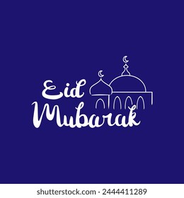 Vector calligraphy Eid Mubarak text with mosque isolated on blue background for your design