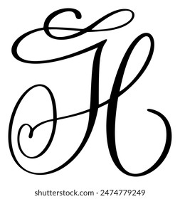 Vector calligraphy hand drawn capital letter H logo drop cap. Script font. Handwritten brush style