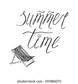 Vector calligraphy. Hand drawn lettering element Summer time and chaise lounge isolated on the white. Doodle sketch style.