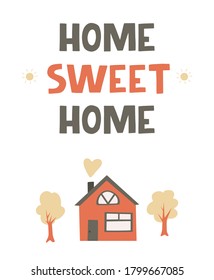 Caligrafía vectorial, afiche ilustrado hogar dulce. Acogedora ilustración de casa colorida con letras para el diseño de postales y pegatinas. Elemento decorativo vectorial.