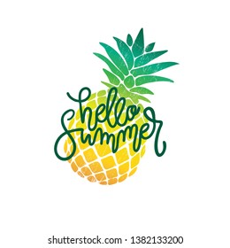 Vector calligraphy illustration Hello summer with pineapple icon. Lettering typography poster.