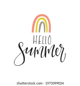 Vector calligraphy illustration of "Hello Summer" rainbow. Lettering and calligraphy for shirt, poster, background, postcard, banner. Printing on a cup, bag, shirt, or package.