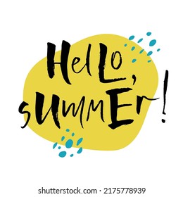Vektorkalligrafik-Illustration. Slogan von Hallo Sommer. Konzept des Urlaubs, der Entspannung, der Erholung, der Reisen, der Ferien, der Reise. Phrase für Grafiktee Print, Poster, Party Einladung, Grußkarte. 