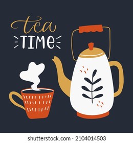 Ilustración de caligrafía vectorial. Impresión de eslóganes de Es invierno. Icono retro de dos tazas lindas y tetera caliente. Concepto de casa de té, entrega, cafetería, restaurante. Gráfica de camiseta. 