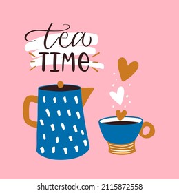 Vector calligraphy illustration. Slogan of Tea time. Retro icon of cute mug, teapot. Concept for teahouse, delivery, cafe, restaurant. Print for tee, poster, banner, social media, flyer, card, label.