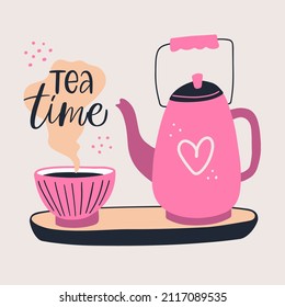 Vector calligraphy illustration. Slogan of Tea time. Retro icon of cute pink mug, teapot. Concept for teahouse, delivery, cafe, restaurant. Print for tee, poster, banner, social media, flyer, card.