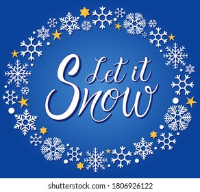 Vector calligraphy. Let it snow poster or card. White Letters on the blue Background