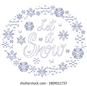 Vector calligraphy. Let it snow poster or card. White Letters on the blue Background