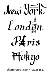 Vector calligraphy lettering New York, London, Paris, Tokyo. Brooklyn bridge, Eiffel tower, Big Ben, Torii gate. Hand drawn with pen by ink. Symbol of USA, Great Britain, France, Japan. Travel poster.