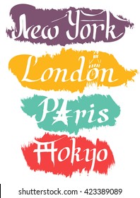 Vector calligraphy lettering New York, London, Paris, Tokyo. Brooklyn bridge, Eiffel tower, Big Ben, Torii gate. Hand drawn with pen by ink. Symbol of USA, Great Britain, France, Japan. Travel poster.