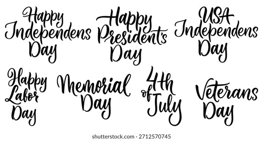 Conjunto de letras de caligrafía de Vector con frases de vacaciones de Estados Unidos 4 de julio, Día de los Caídos, Día de los Presidentes, Día del Trabajo y Día de los Veteranos. Elementos de diseño para el diseño patriótico, tarjeta, cartel, Anuncio, decoración