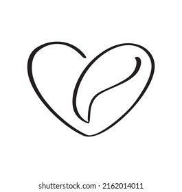 Vector calligraphy logo heart and coffee bean love. Black and white calligraphic illustration. hand drawn design for icon cafe, menu, textile material.