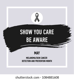Vector Calligraphy Melanoma Poster. Black Stroke and Ribbon of Skin Cancer Awareness Month