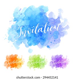 Vector Calligraphy On Watercolor Stain Background. Template For Poster Or Card, Invitation And Greeting Design. Typography Collection