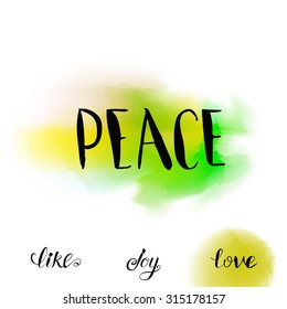 Vector calligraphy Peace card. Hand drawing illustration. Holidays and eco friendly card design