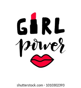 Vector calligraphy phrase Girl power. Hand brush lettering, motivational and inspirational poster, banner, tshirt and prints design. Vintage typography card with text, red lips and lipstick