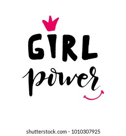 Vector calligraphy phrase Girl power. Hand brush lettering, motivational and inspirational poster, banner, tshirt and prints design. Vintage typography card with text, red lips and lipstick