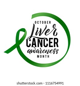 Vector Calligraphy Poster. Green White Awareness Ribbons of Liver Cancer Vector illustration.