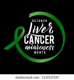 Vector Calligraphy Poster. Green White Awareness Ribbons of Liver Cancer Vector illustration.