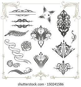 Vector calligraphy set, vintage ornaments, heart, crown and banner.