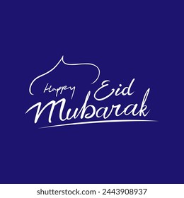 Vector calligraphy text happy Eid Mubarak, Eid Fitr, Eid Adha in white on a blue background.