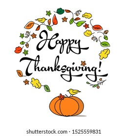 Vector calligraphy text on Autumn background. Hand drawn Happy Thanksgiving lettering typography poster. Celebration quote for postcard, icon, logo, badge. 
