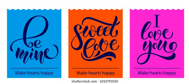 Vector calligraphy text set of logotypes for Valentines Day on bright pink, orange and blue background as post stamps.Celebration vector illustration EPS 10 for greeting card,poster, card, invitation