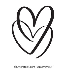 Caligrafía vectorial dos corazones adoran la señal una línea. Romántico símbolo del día valentino vinculado, pasión y boda. Plantilla para camiseta, tarjeta, afiche. Diseñar ilustración plana.