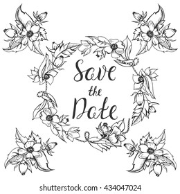 Vector calligraphy. Vintage typography card. Save the date lettering in doodle wreath floral frame for wedding day. Illustration with beautiful ornament.